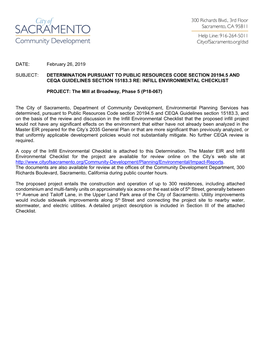 Determination Pursuant to Public Resources Code Section 20194.5 and Ceqa Guidelines Section 15183.3 Re: Infill Environmental Checklist