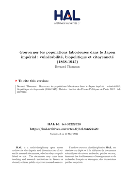 Gouverner Les Populations Laborieuses Dans Le Japon Impérial: Vulnérabilité, Biopolitique Et Citoyenneté (1868-1945)