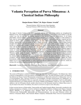 Vedanta Perception of Purva Mlmamsa: a Classical Indian Philosophy