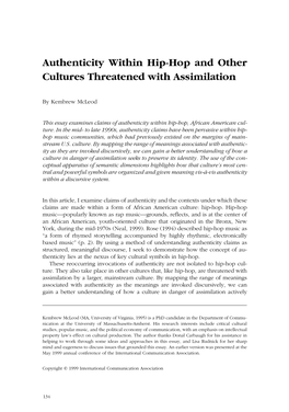 Authenticity Within Hip-Hop and Other Cultures Threatened with Assimilation