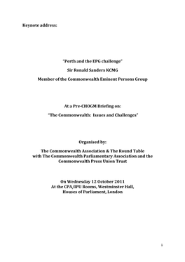 Keynote Address: “Perth and the EPG Challenge” Sir Ronald Sanders