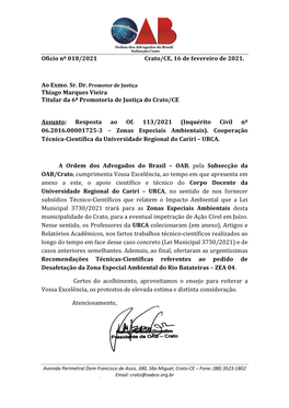 Ofício Nº 018/2021 Crato/CE, 16 De Fevereiro De 2021. Thiago Marques Vieira Titular Da 6ª Promotoria De Justiça Do Crato/CE