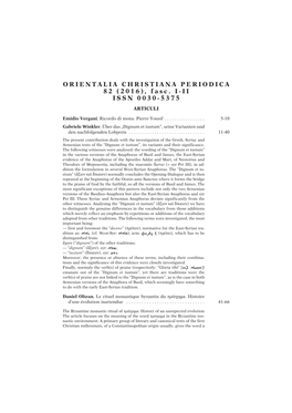 ORIENTALIA CHRISTIANA PERIODICA 82 (2016), Fasc. I-II ISSN 0030-5375 ARTICULI