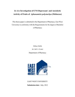 In Vivo Investigation of CNS Depressant and Anxiolytic Activity of Fruits of Aphanamixis Polystachya (Meliaceae)