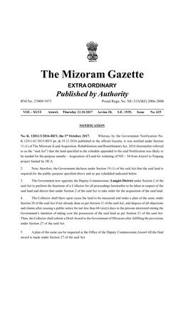 The Mizoram Gazette EXTRA ORDINARY Published by Authority RNI No