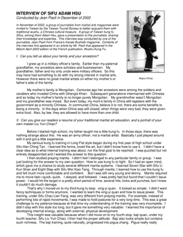 INTERVIEW of SIFU ADAM HSU Conducted by Jean Paoli in December of 2002