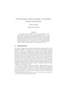 Critical Graphs Without Triangles: an Optimum Density Construction