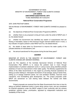 Government of India Ministry of Environment, Forest and Climate Change Lok Sabha Unstarred Question No. 3970 to Be Answered on 10.08.2018