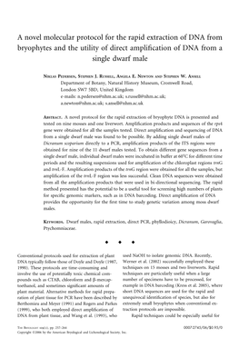 A Novel Molecular Protocol for the Rapid Extraction of DNA from Bryophytes and the Utility of Direct Ampliﬁcation of DNA from a Single Dwarf Male