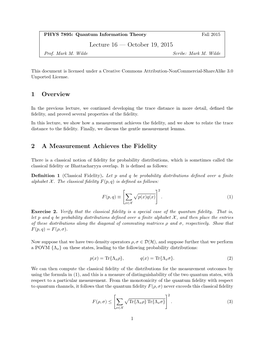 Lecture 16 — October 19, 2015 1 Overview 2 a Measurement