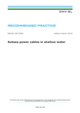 DNVGL-RP-0360 Subsea Power Cables in Shallow Water