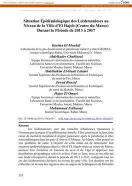 Situation Épidémiologique Des Leishmanioses Au Niveau De La Ville D’El Hajeb (Centre Du Maroc) Durant La Période De 2013 À 2017
