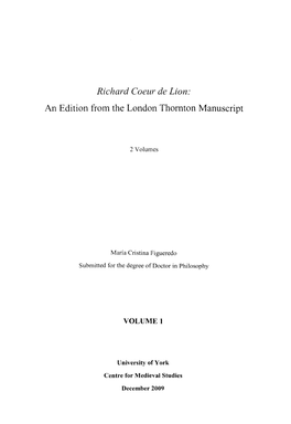 Richard Coeur De Lion: an Edition from the London Thornton Manuscript