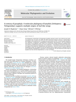 A Molecular Phylogeny of Katydids (Orthoptera: Tettigoniidae) Supports Multiple Origins of Leaf-Like Wings ⇑ Joseph D