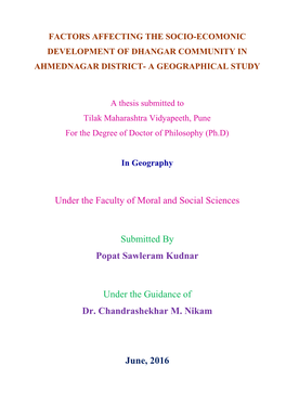 Factors Affecting the Socio-Ecomonic Development of Dhangar Community in Ahmednagar District- a Geographical Study