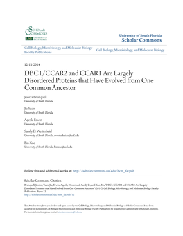 DBC1/CCAR2 and CCAR1 Are Largely Disordered Proteins That Have Evolved from One Common Ancestor Jessica Brunquell University of South Florida