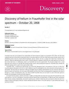 October 20, 1868 Ery of Helium in Fraunhofer Line in the Solar Um