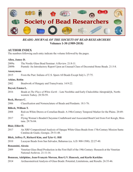 BEADS: JOURNAL of the SOCIETY of BEAD RESEARCHERS Volumes 1-30 (1989-2018) AUTHOR INDEX