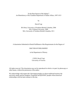 “In the Best Interest of the Indians”: an Ethnohistory of the Canadian Department of Indian Affairs, 1897-1913 by David Vogt