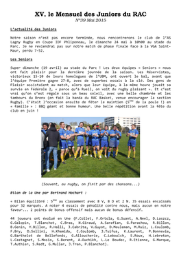 XV, Le Mensuel Des Juniors Du RAC N°39 Mai 2015