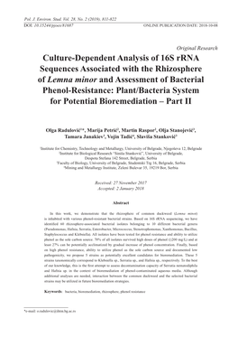 Culture-Dependent Analysis of 16S Rrna Sequences Associated With