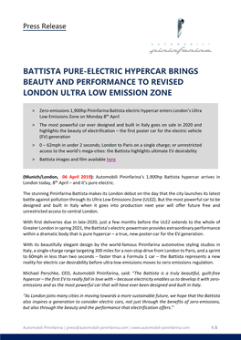 Battista Pure-Electric Hypercar Brings Beauty and Performance to Revised London Ultra Low Emission Zone