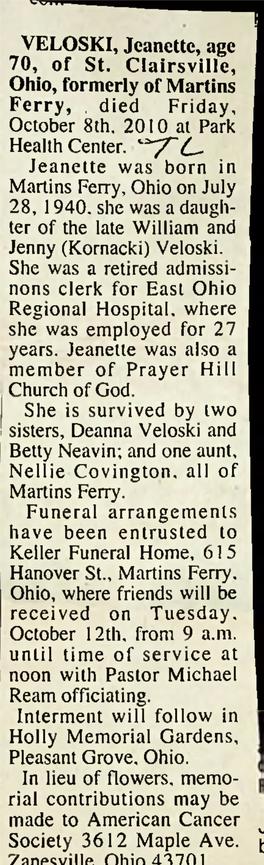 VELOSKI, Jeanette, Age 70, of St. Clairsville, Ohio, Formerly Ofmartins