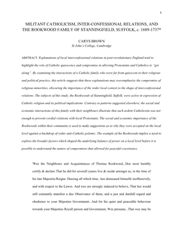 MILITANT CATHOLICISM, INTER-CONFESSIONAL RELATIONS, and the ROOKWOOD FAMILY of STANNINGFIELD, SUFFOLK, C