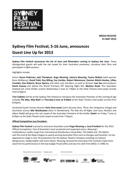 Sydney Film Festival, 5-16 June, Announces Guest Line up for 2013