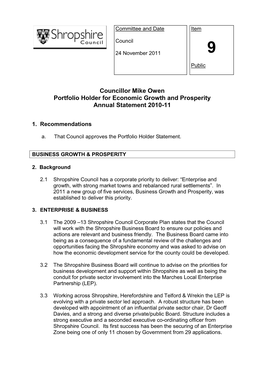 Councillor Mike Owen Portfolio Holder for Economic Growth and Prosperity Annual Statement 2010-11