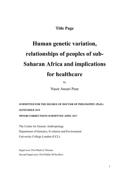 Human Genetic Variation, Relationships of Peoples of Sub- Saharan Africa and Implications for Healthcare