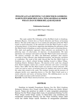 Pemanfaataan Benteng Van Der Wijck Gombong Kabupaten Kebumen Jawa Tengah Sebagai Objek Wisata Dan Sumber Belajar Sejarah
