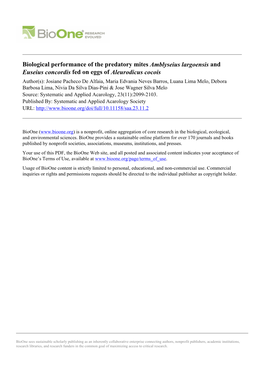 Biological Performance of the Predatory Mites Amblyseius