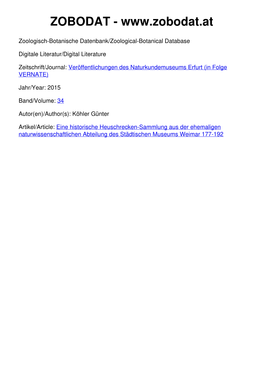 Eine Historische Heuschrecken-Sammlung Aus Der Ehemaligen Naturwissenschaftlichen Abteilung Des Städtischen Museums Weimar 177-192 VERNATE 34/2015 S