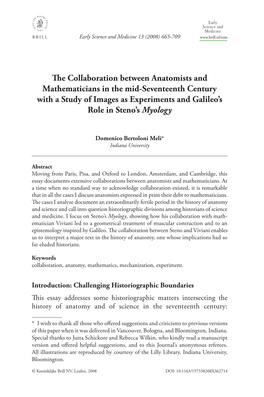 The Collaboration Between Anatomists and Mathematicians in the Mid-Seventeenth Century with a Study of Images As Experiments and Galileo’S Role in Steno’S Myology