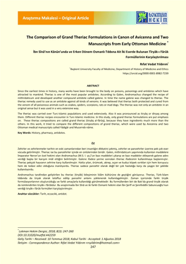 The Comparison of Grand Theriac Formulations in Canon of Avicenna and Two Manuscripts from Early Ottoman Medicine *