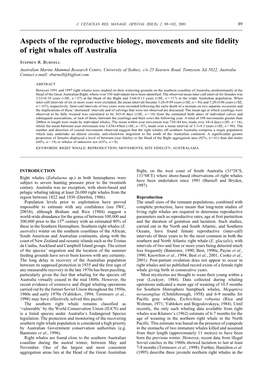 Aspects of the Reproductive Biology, Movements and Site Fidelity of Right Whales Off Australia