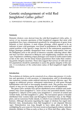 Genetic Endangerment of Wild Red Junglefowl Gallus Gallus? 38 9