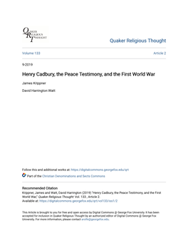 Henry Cadbury, the Peace Testimony, and the First World War