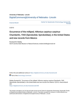 Occurrence of the Milliped, Hiltonius Carpinus Carpinus Chamberlin, 1943 (Spirobolida: Spirobolidae), in the United States and New Records from Mexico