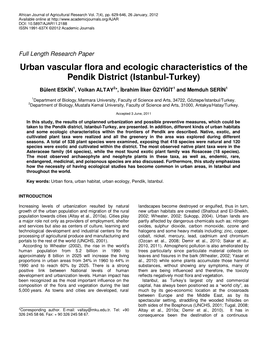 Urban Vascular Flora and Ecologic Characteristics of the Pendik District (Istanbul-Turkey)