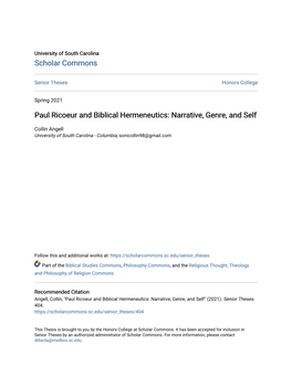 Paul Ricoeur and Biblical Hermeneutics: Narrative, Genre, and Self