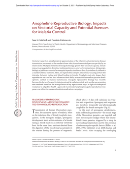 Anopheline Reproductive Biology: Impacts on Vectorial Capacity and Potential Avenues for Malaria Control