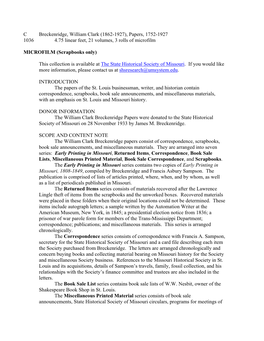C Breckenridge, William Clark (1862-1927), Papers, 1752-1927 1036 4.75 Linear Feet, 21 Volumes, 3 Rolls of Microfilm