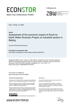 Assessment of the Economic Impact of South-To-North Water Diversion