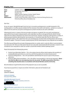 Allerdale Borough Council Submission Attachments: County Council Boundary Option Final.Xlsx; Proforma Polling Districts.Xlsx; Proforma Officer Recommendation.Xlsx