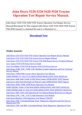 John Deere 5220 5320 5420 5520 Tractor Operation Test Repair Service Manual