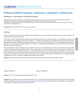 Professor Umberto Veronesi: a Physician, a Researcher, a Brilliant Man
