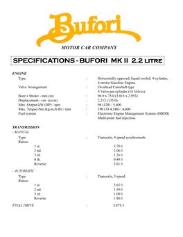 SPECIFICATIONS - BUFORI MK II 2.2 Litre