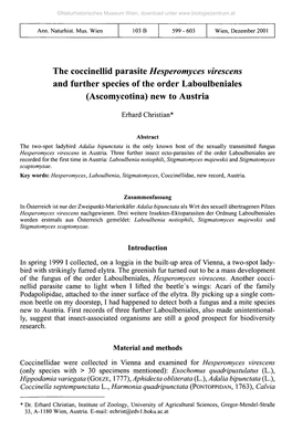 The Coccinellid Parasite Hesperomyces Virescens and Further Species of the Order Laboulbeniales (Ascomycotina) New to Austria